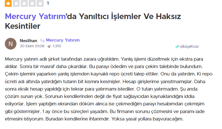 mercury yatırım şikayet