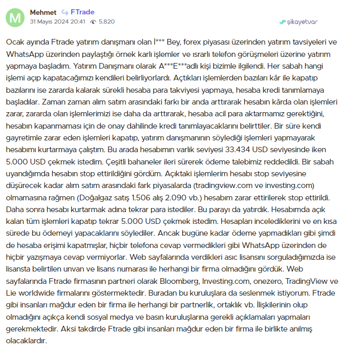 ftrade şikayet var