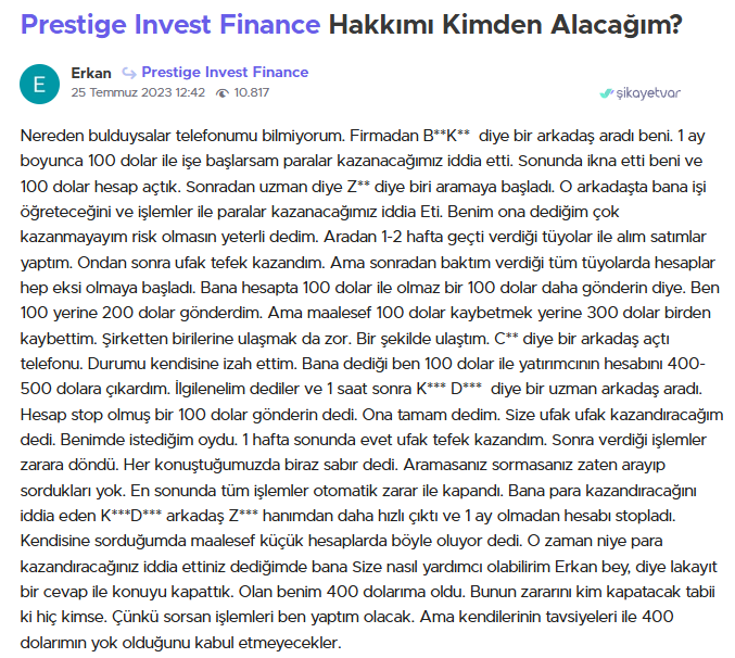 prestige invest finance şikayet var