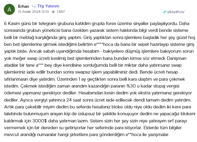 tfg yatırım şikayet var