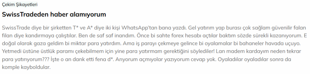 swisstrade şikayet var
