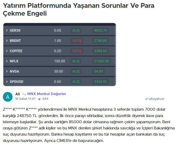 mnx menkul degerler şikayet var