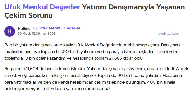 ufuk menkul degerler şikayet var