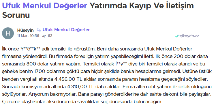 ufuk menkul degerler şikayet var