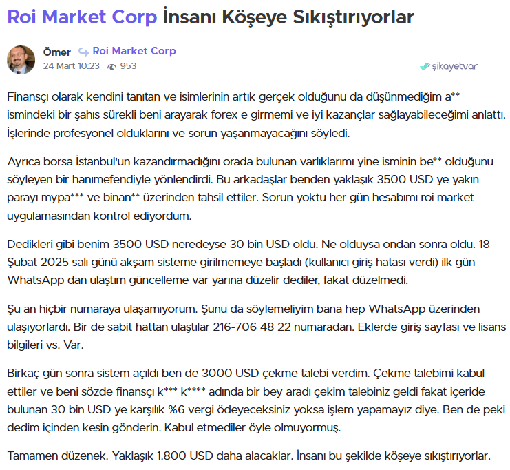 roi market corp şikayet