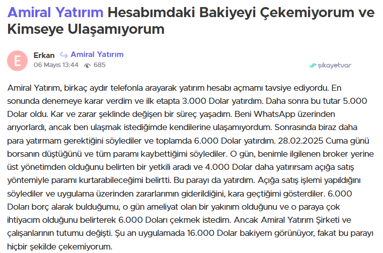 amiral yatırım şikayet