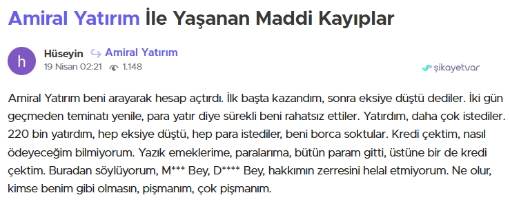 amiral yatırım şikayet