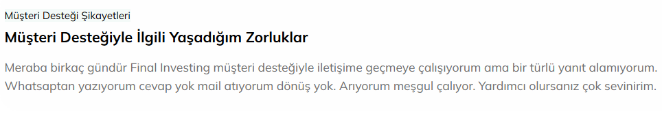 final investing şikayet