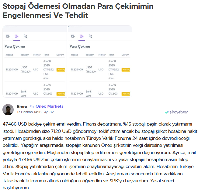 onex markets şikayet