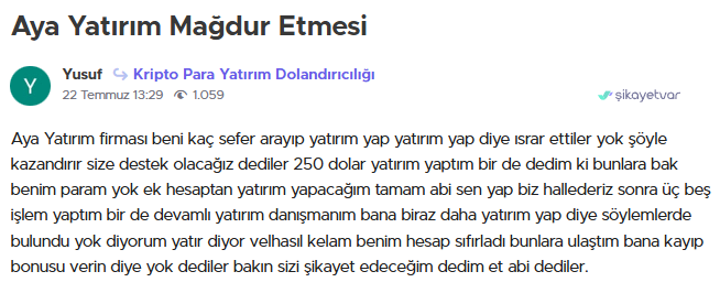 aya yatırım şikayet