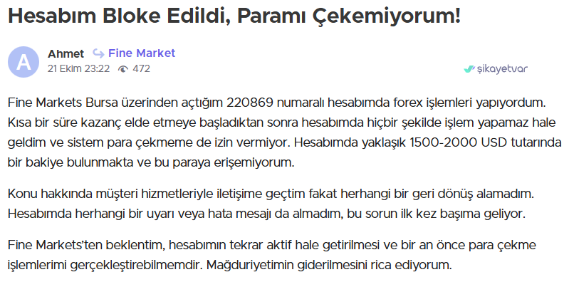 fine markets şikayet