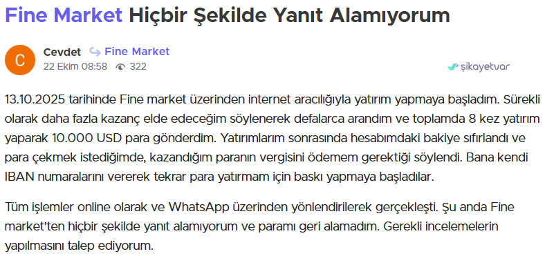fine markets şikayet
