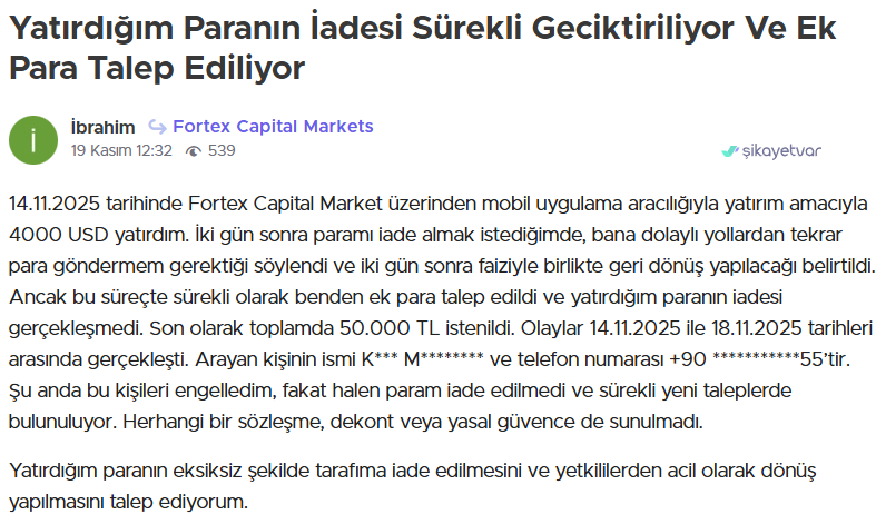 fortex capital markets şikayet