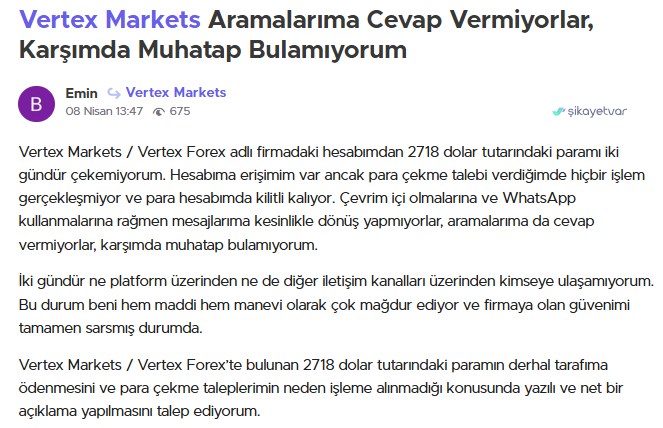 vertex markets şikayet