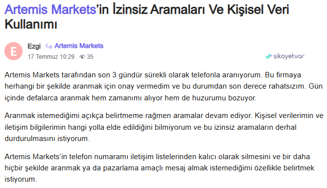 artemis markets şikayet